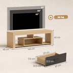 Meuble TV 140 cm, 65 Pouces avec Étagères en Verre Réglables, Tiroir et Compartiments Ouverts, Chêne