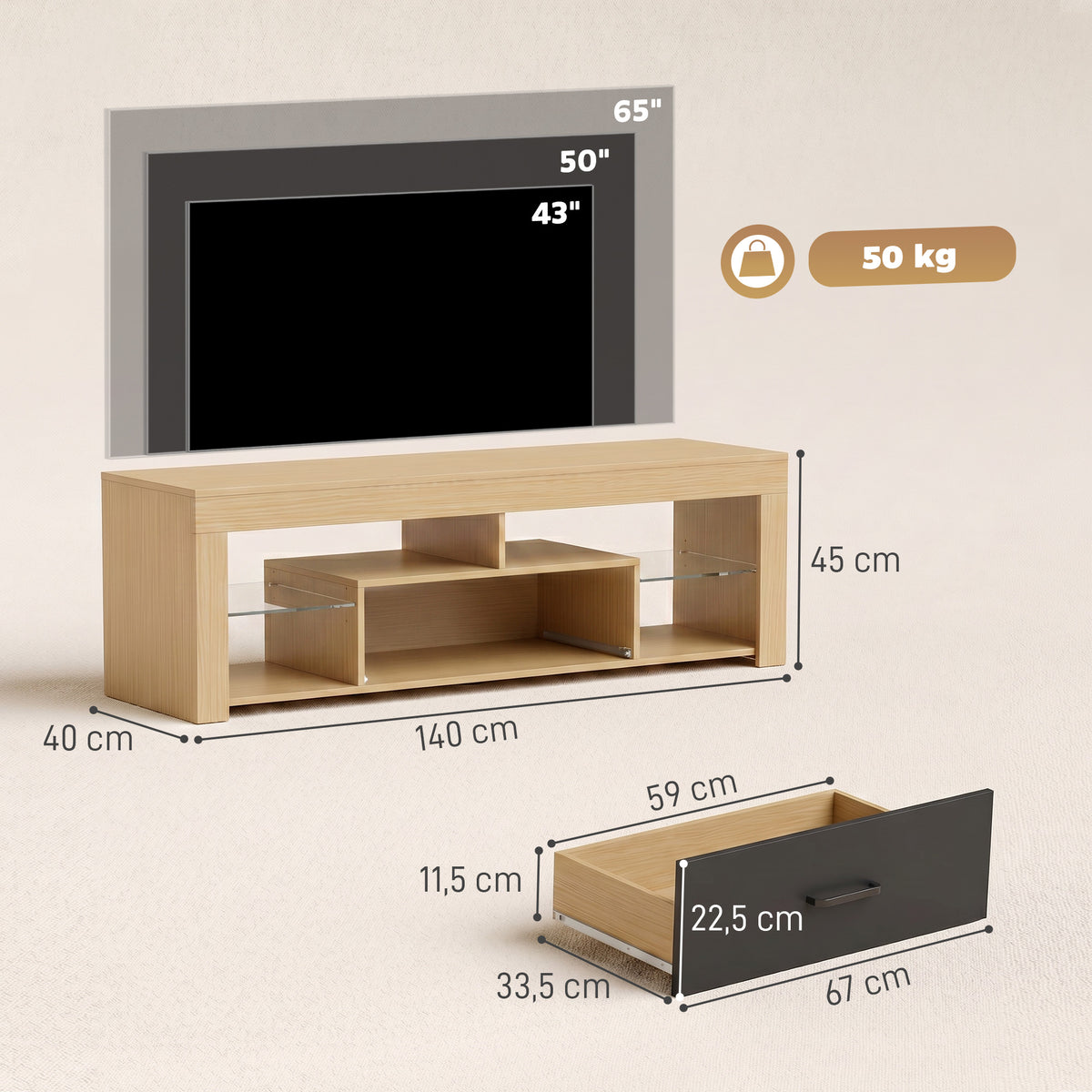 Meuble TV 140 cm, 65 Pouces avec Étagères en Verre Réglables, Tiroir et Compartiments Ouverts, Chêne
