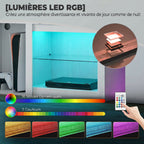 Meuble TV avec éclairage LED jusqu'à 70 pouces, 160cm avec étagères en verre réglables, blanc