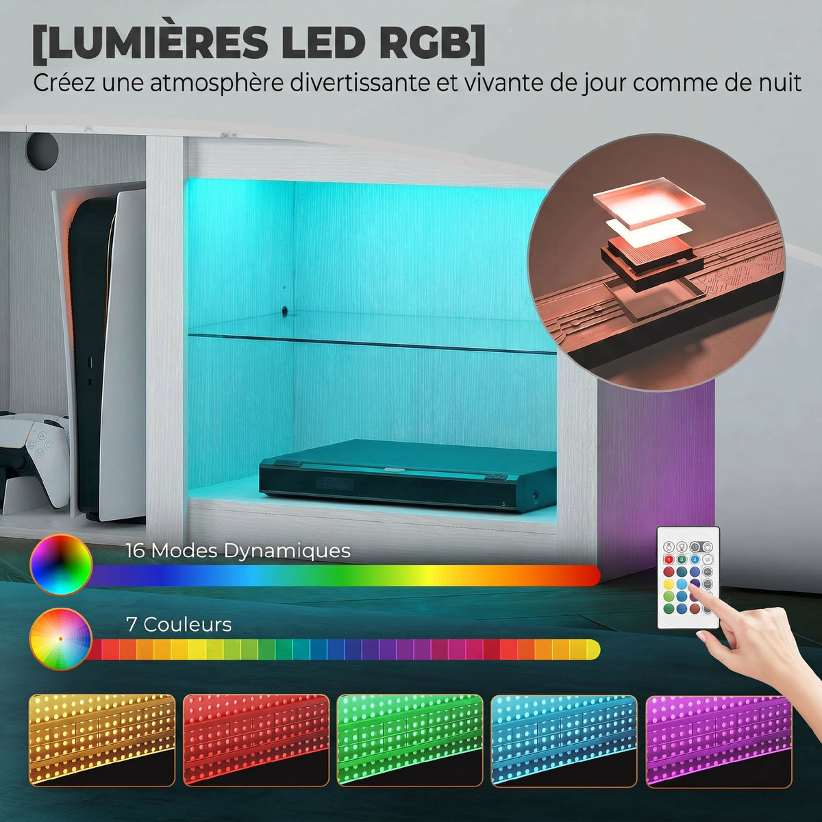 Meuble TV avec éclairage LED jusqu'à 70 pouces, 160cm avec étagères en verre réglables, blanc