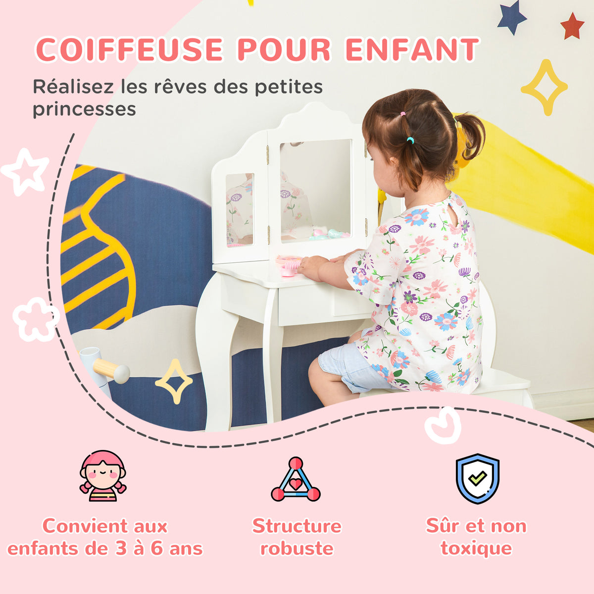 Coiffeuse Enfant avec Tabouret, Miroir et tiroir Coulissant Blanc Acrylique