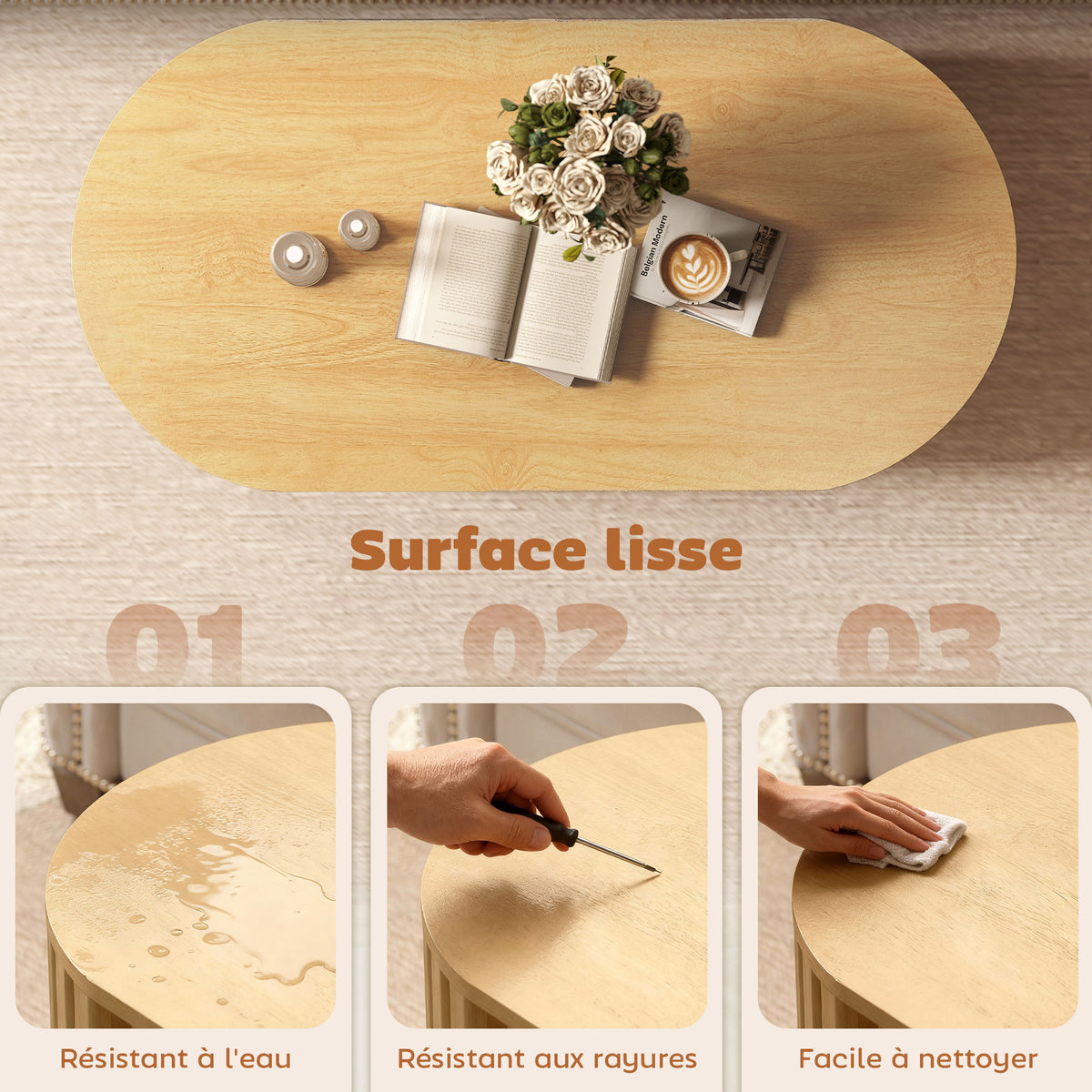 Table basse ovale, design lattes, 100 x 50 x 40 cm, effet bois naturel
