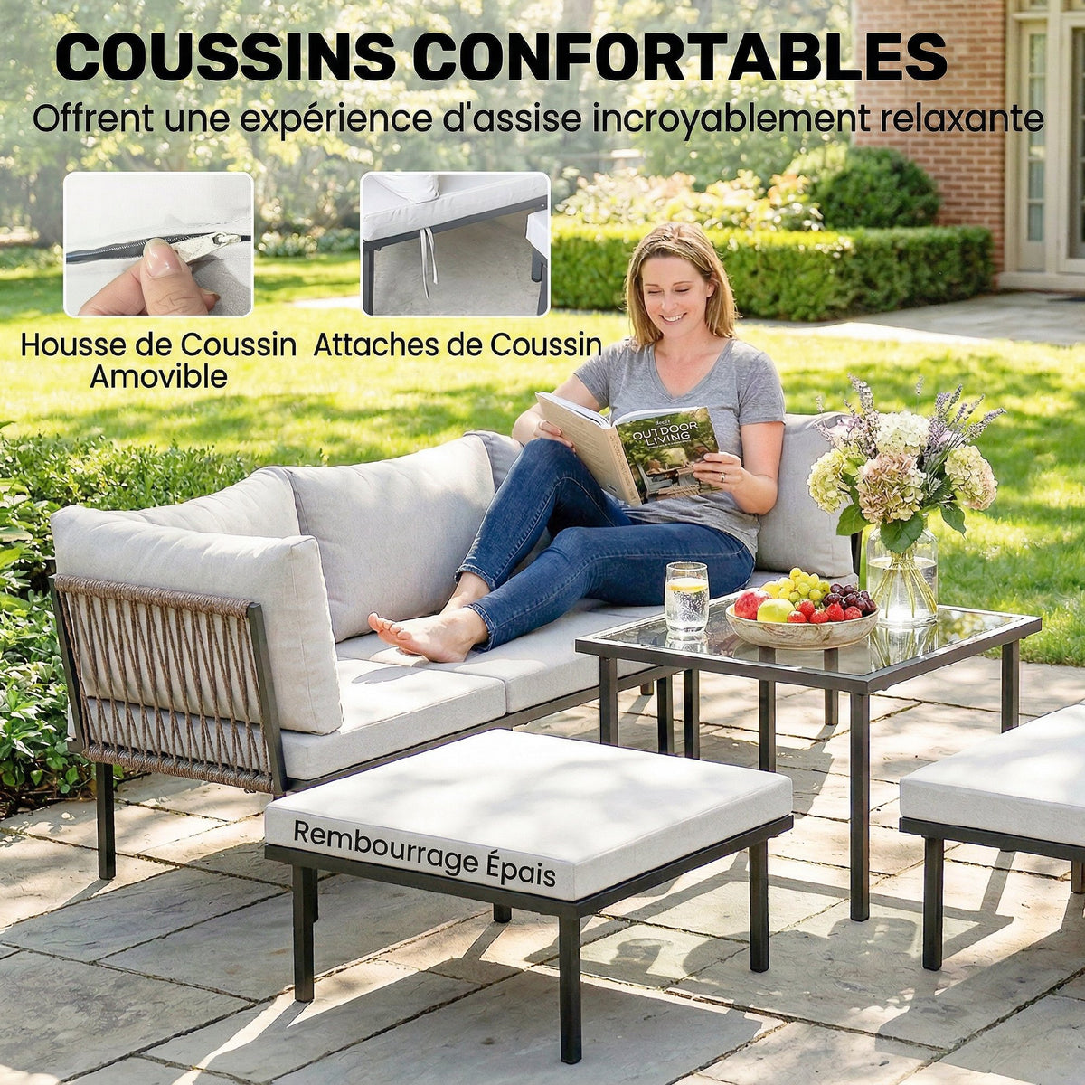 Salon de jardin modulable 6 personnes, table basse avec plateau en verre trempé, gris clair