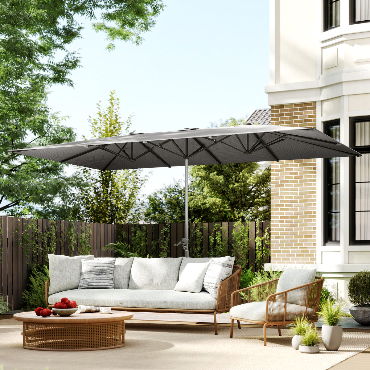 Parasol de jardin, rectangulaire 451 x 264 cm avec manivelle toile polyester 200g/m² gris foncé