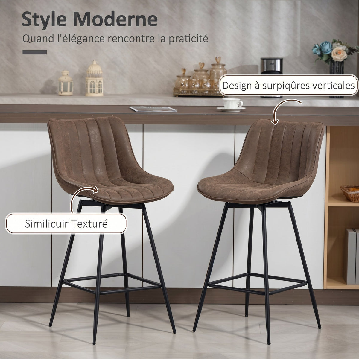 Lot de 2 tabourets de bar, repose-pieds, marron