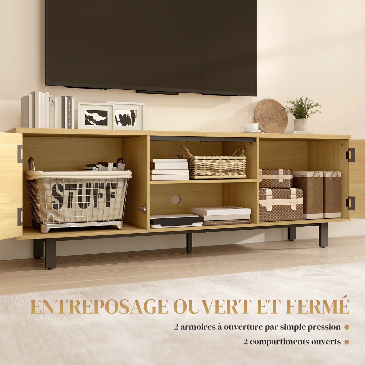 Meuble TV, 65 pouces, 2 portes et 2 étagères, 160x35x55,5cm, bois naturel