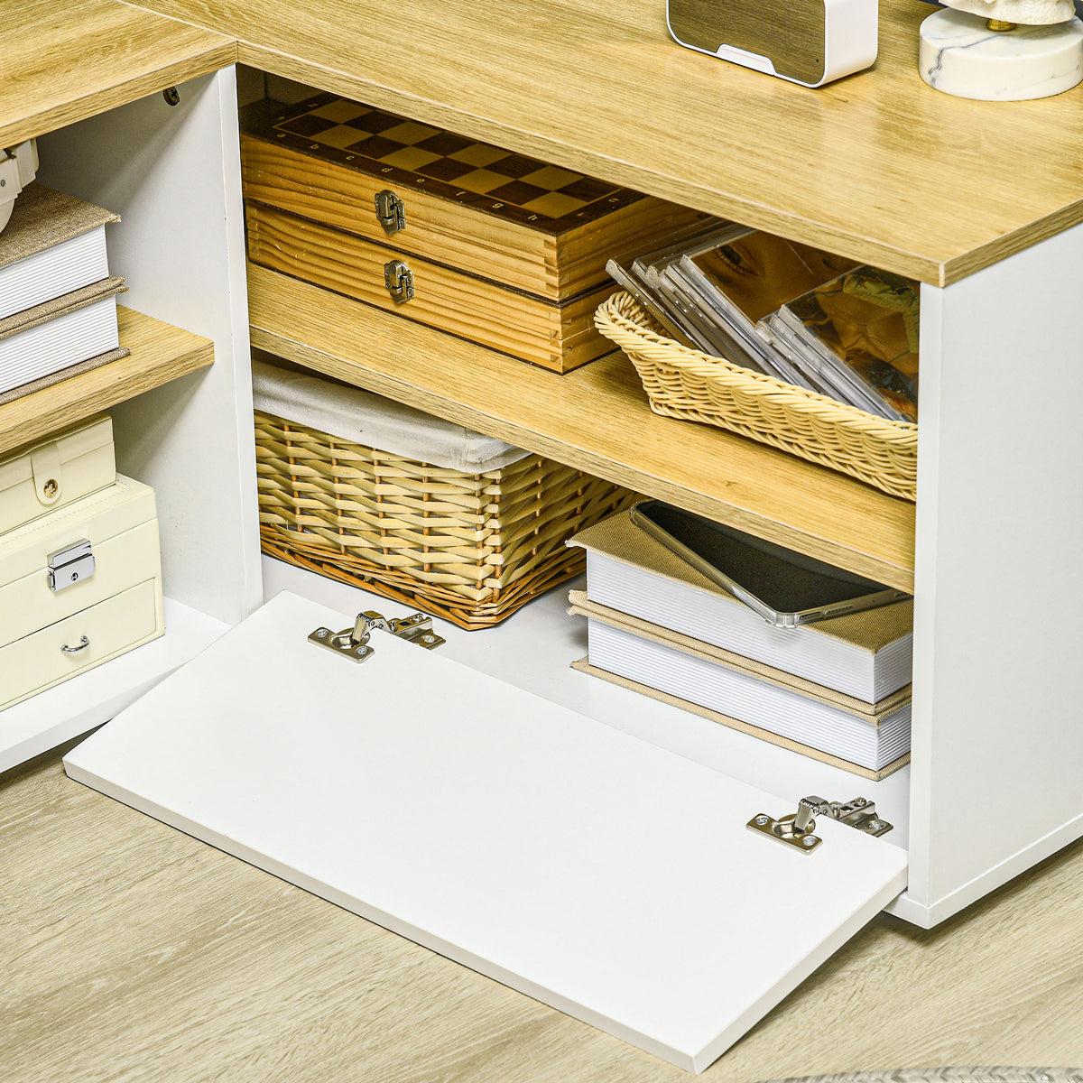 Meuble TV d'angle, jusqu'à 40 pouces avec rangements aspect bois clair et blanc