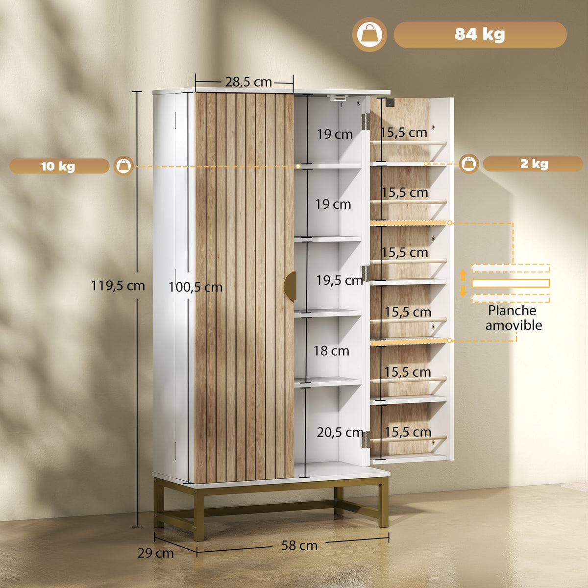 Armoire de cuisine meuble, 12 étagères à portes,58x29x119,5cm, blanc