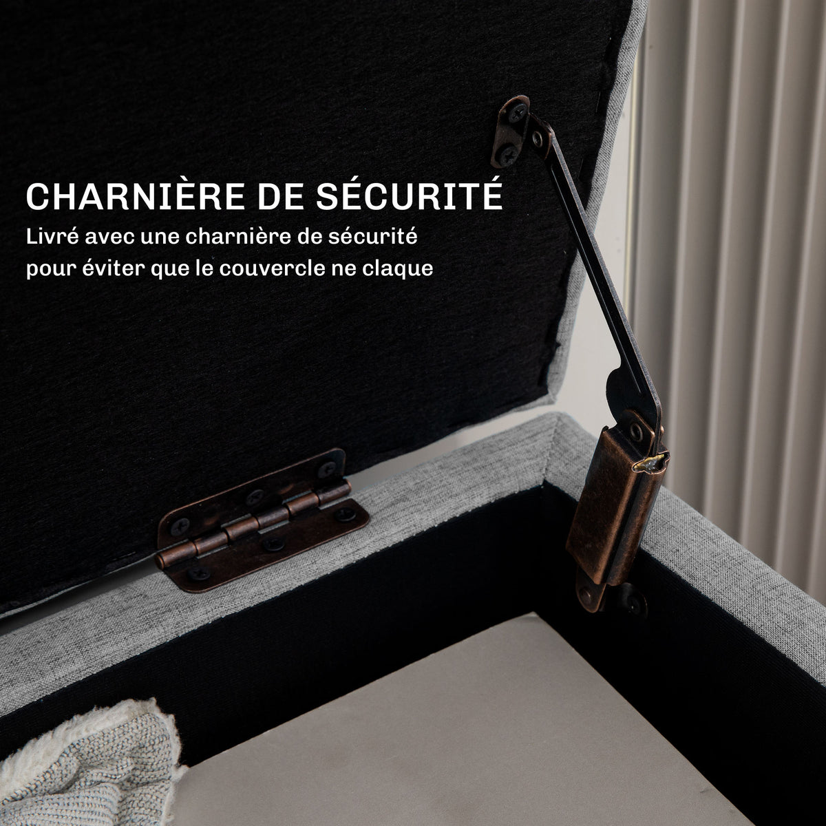 Banc/ coffre rangement rembourré aspect lin, charge 220 Kg, 110 x 39 x 45 cm, gris