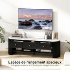 Meuble TV 140 cm, 65 pouces effet marbre avec 3 tiroirs façades à cannelures 2 étagères noir