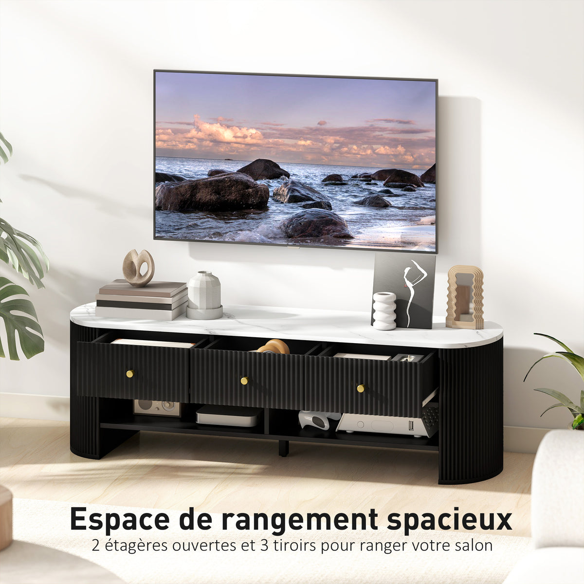 Meuble TV 140 cm, 65 pouces effet marbre avec 3 tiroirs façades à cannelures 2 étagères noir