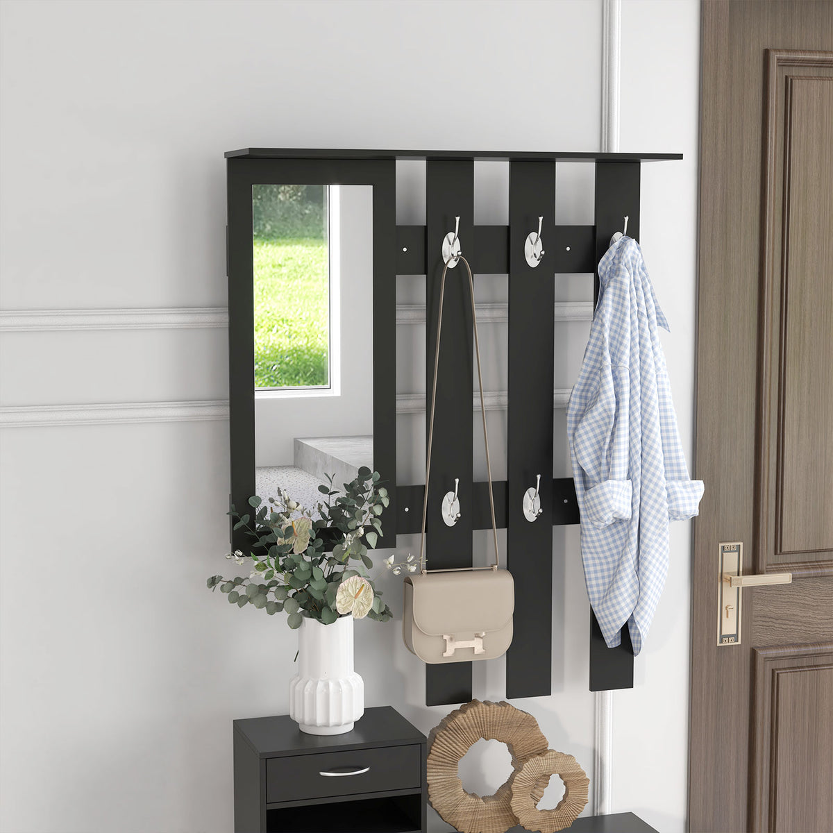 Meuble d'entrée 3 en 1, porte-manteau, miroir et banc à chaussures noir
