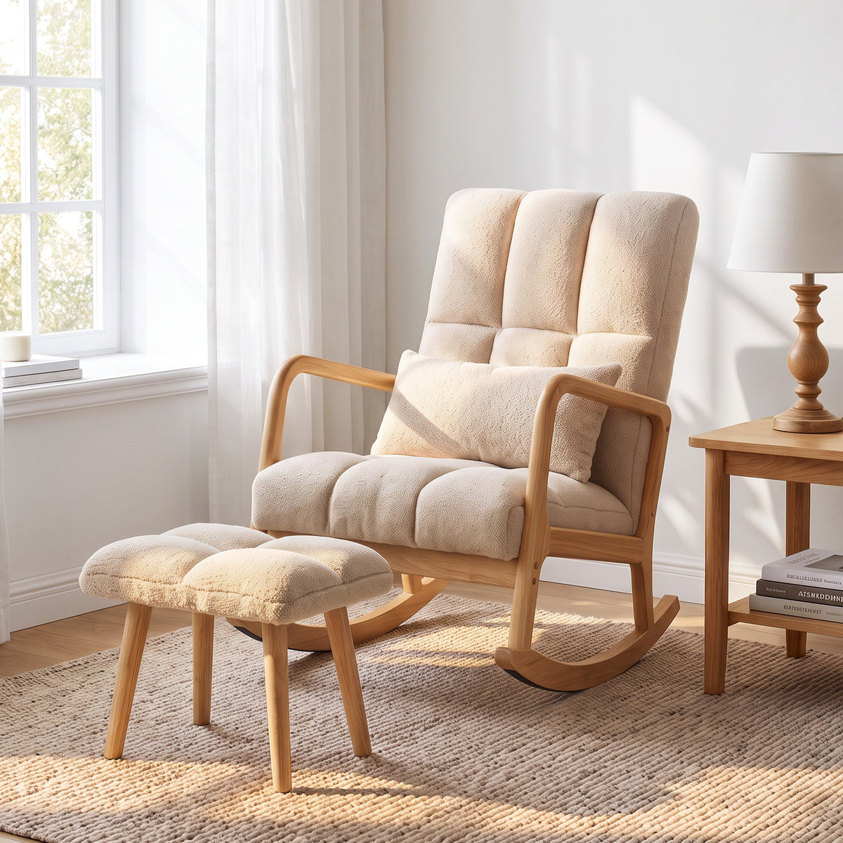 Fauteuil à Bascule avec Repose-Pieds, en Tissu, Pieds en Bois, 64,5 x 82 x 89 cm, Beige