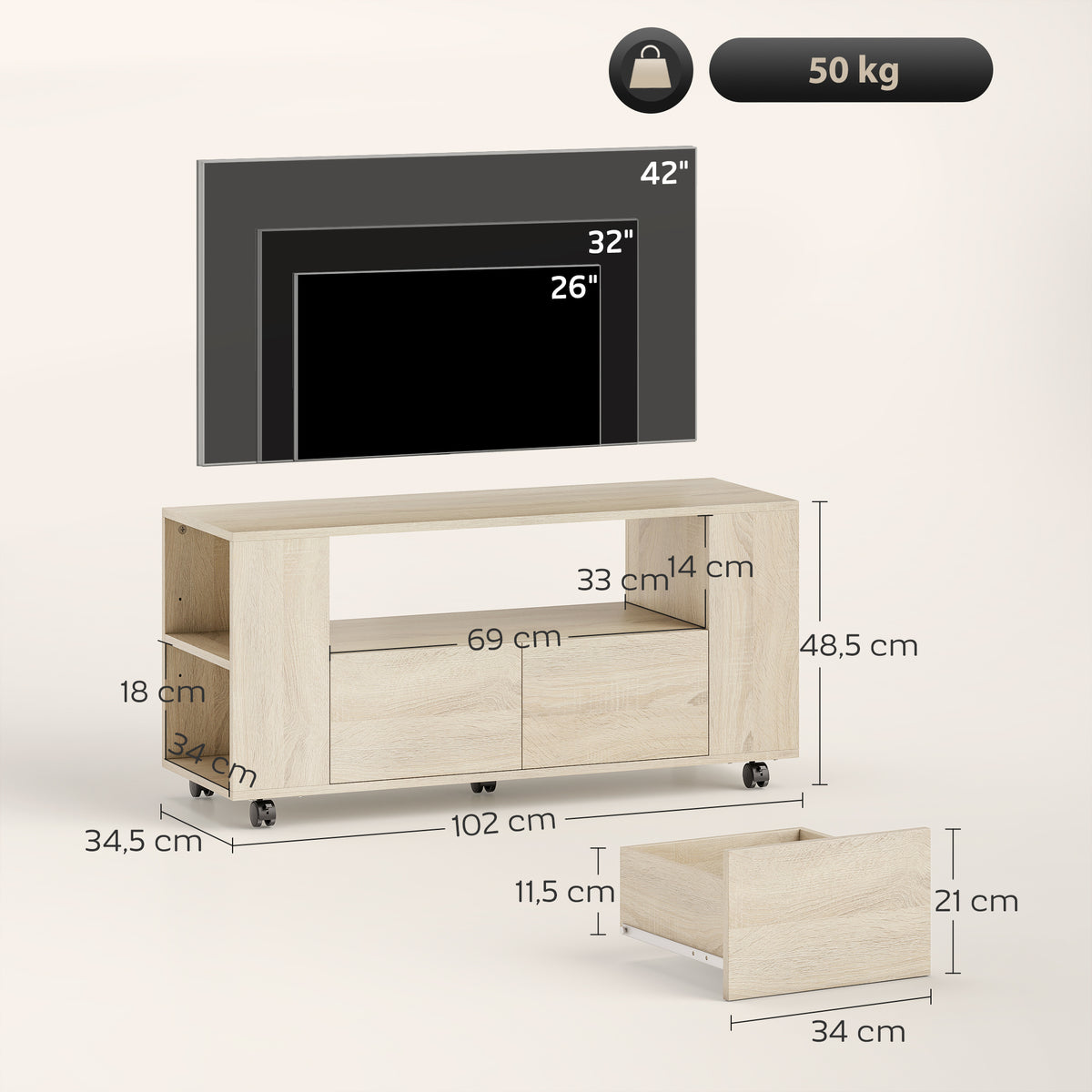 Meuble TV sur roulettes 102 cm, jusqu'à 42 pouces, 2 tiroirsjmπ0O0¨9OPN