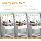 Coiffeuse avec miroir, tiroirs, 3 modes d'éclairage, 10 ampoules, 80 x 40 x 135 cm, blanc