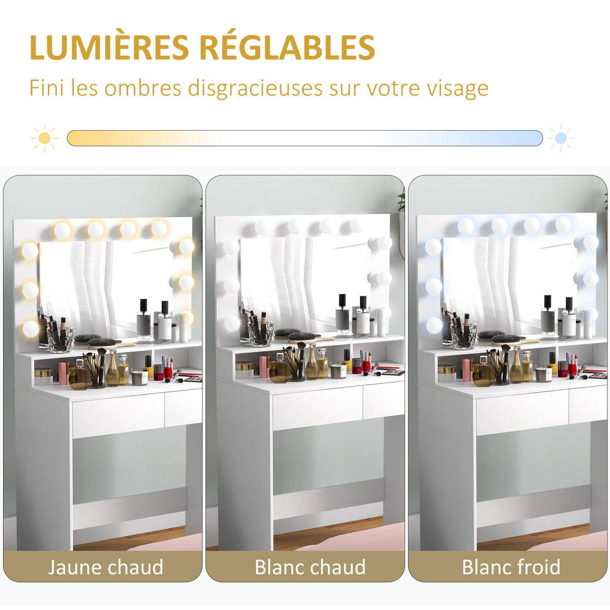 Coiffeuse avec miroir, tiroirs, 3 modes d'éclairage, 10 ampoules, 80 x 40 x 135 cm, blanc