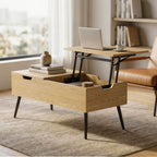 Table basse relevable avec double plateau,compartiment caché et pieds en métal, bois naturel