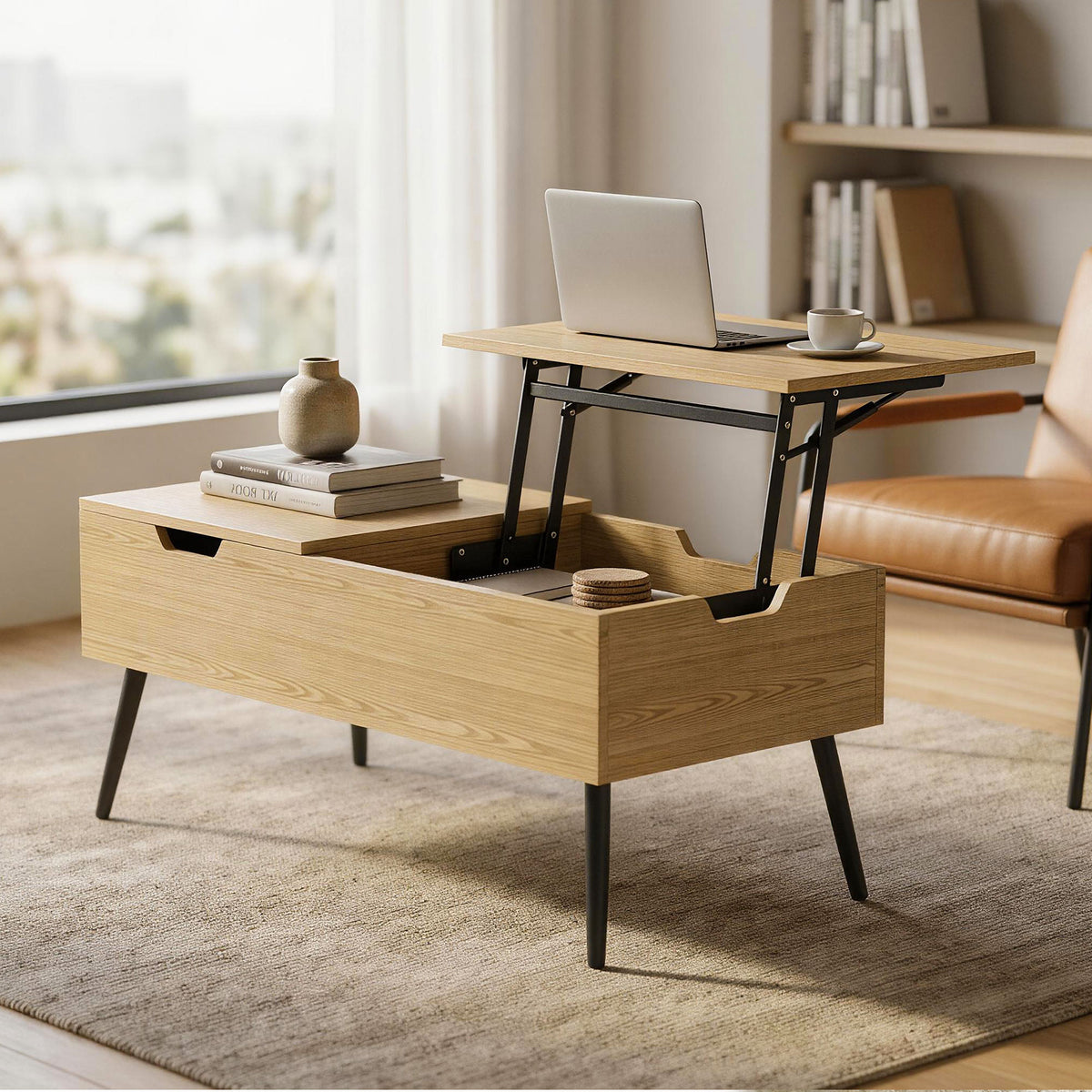 Table basse relevable avec double plateau,compartiment caché et pieds en métal, bois naturel
