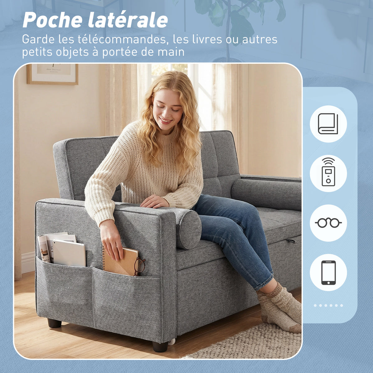 Canapé convertible 2 places, canapé-lit, 2 coussins 80,5x137,5x84cm gris