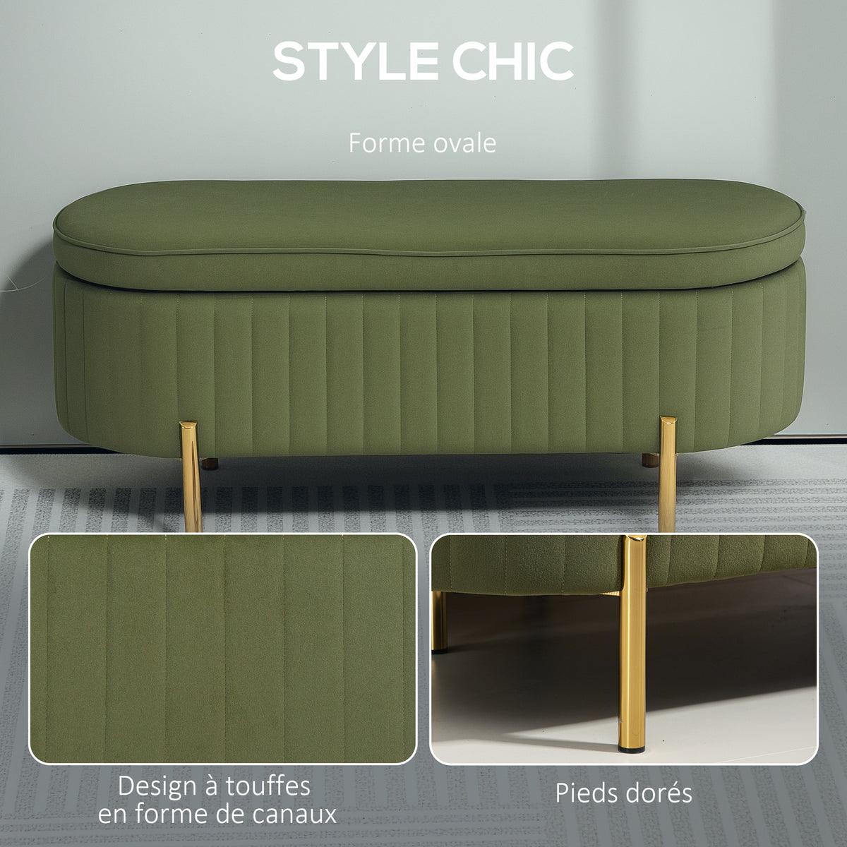 Banc de rangement, bout de lit en velours, pieds en métal, 72 L, 108x44x43,5cm, vert foncé