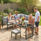 Salon de Jardin Canapé 6 Pièces Coussins 10cm Table Haute et 2 Repose-pieds Gris