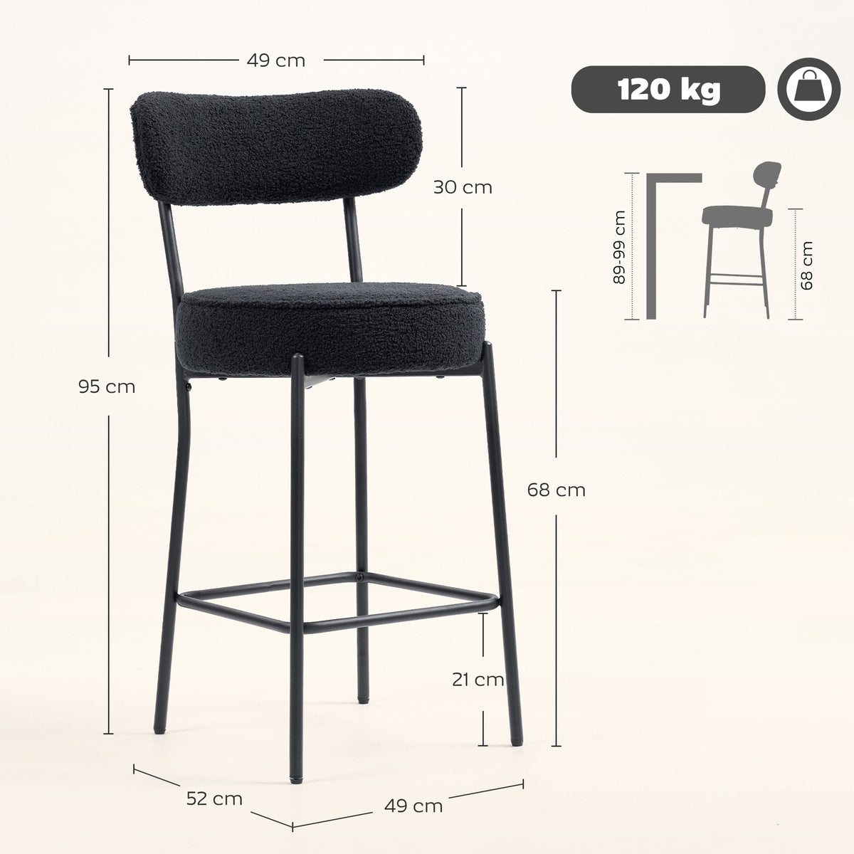 Lot de 2 tabourets de bar en tissu, dossier courbé, repose-pieds, 49x52x95cm, noir