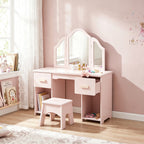 Coiffeuse pour Enfants avec Tabouret, Miroir à Trois Volets en Acrylique, 2 Tiroirs et 2 Placards, Rose