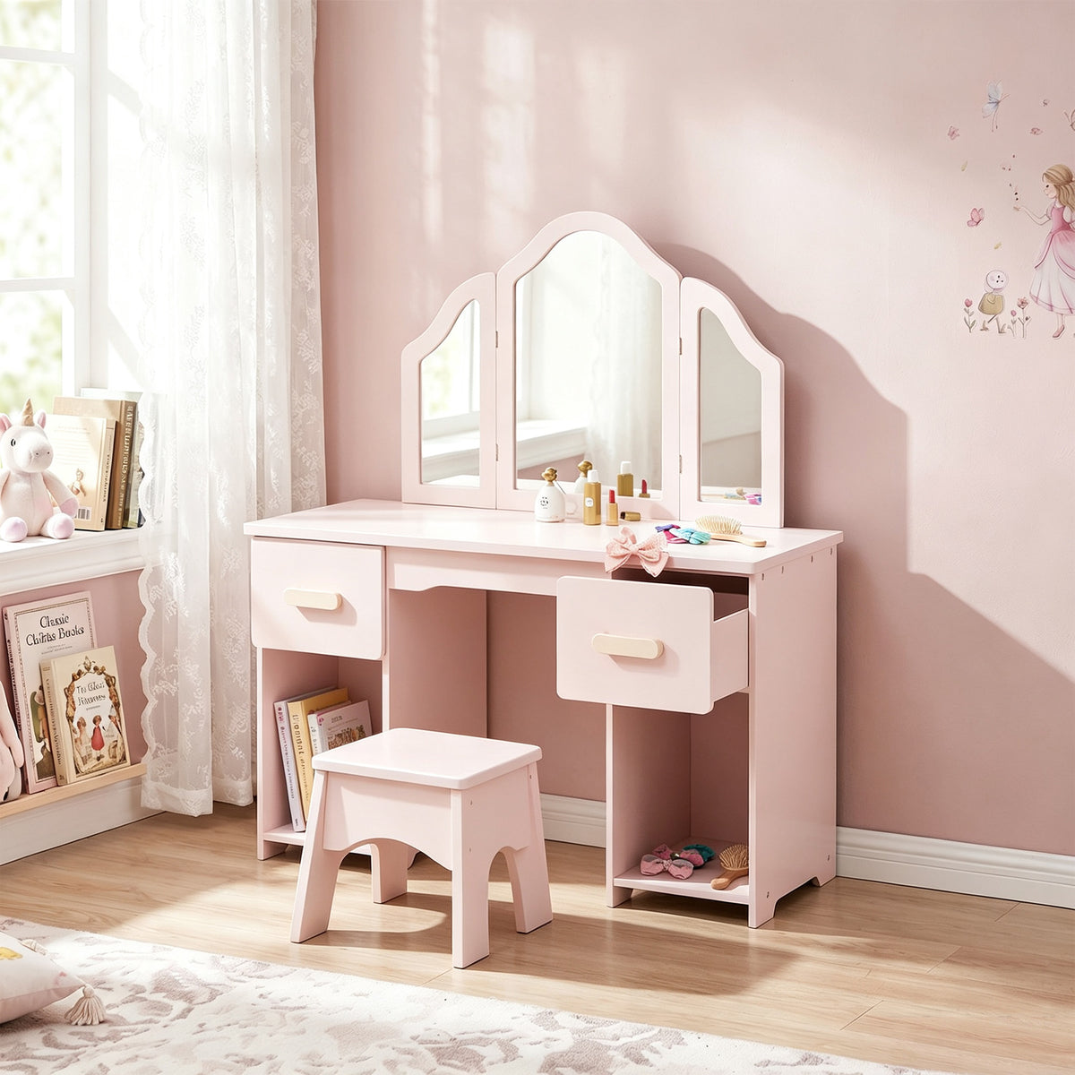 Coiffeuse pour Enfants avec Tabouret, Miroir à Trois Volets en Acrylique, 2 Tiroirs et 2 Placards, Rose