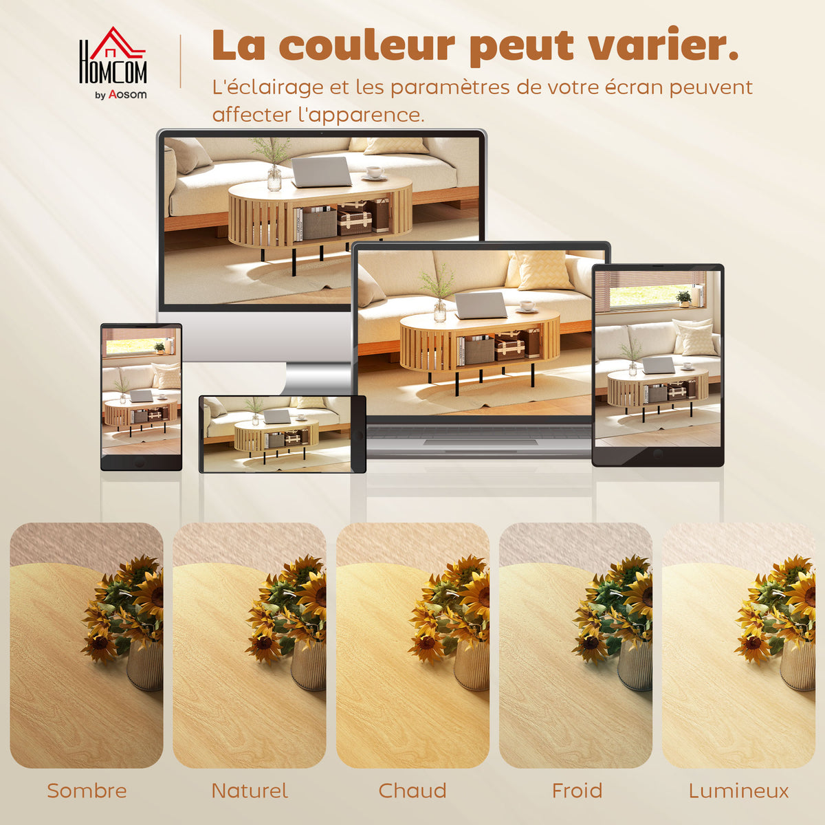 Table basse ovale, design lattes, 100 x 50 x 40 cm, effet bois naturel