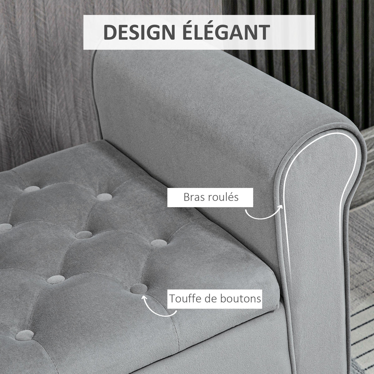 Banc de rangement bout de lit avec accoudoirs, tissu effet velours rembourré, 126 x 48,5 x 57 cm, gris