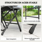 Salon de jardin extérieur avec 4 chaises pliables table réglable en hauteur 118 cm gris foncé