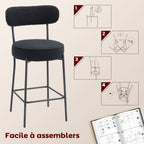 Lot de 2 tabourets de bar en tissu, dossier courbé, repose-pieds, 49x52x95cm, noir