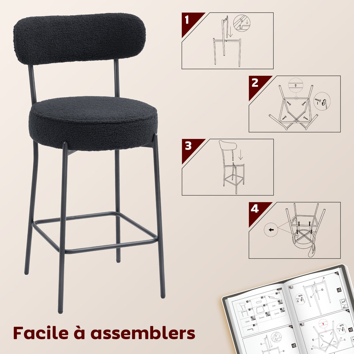Lot de 2 tabourets de bar en tissu, dossier courbé, repose-pieds, 49x52x95cm, noir