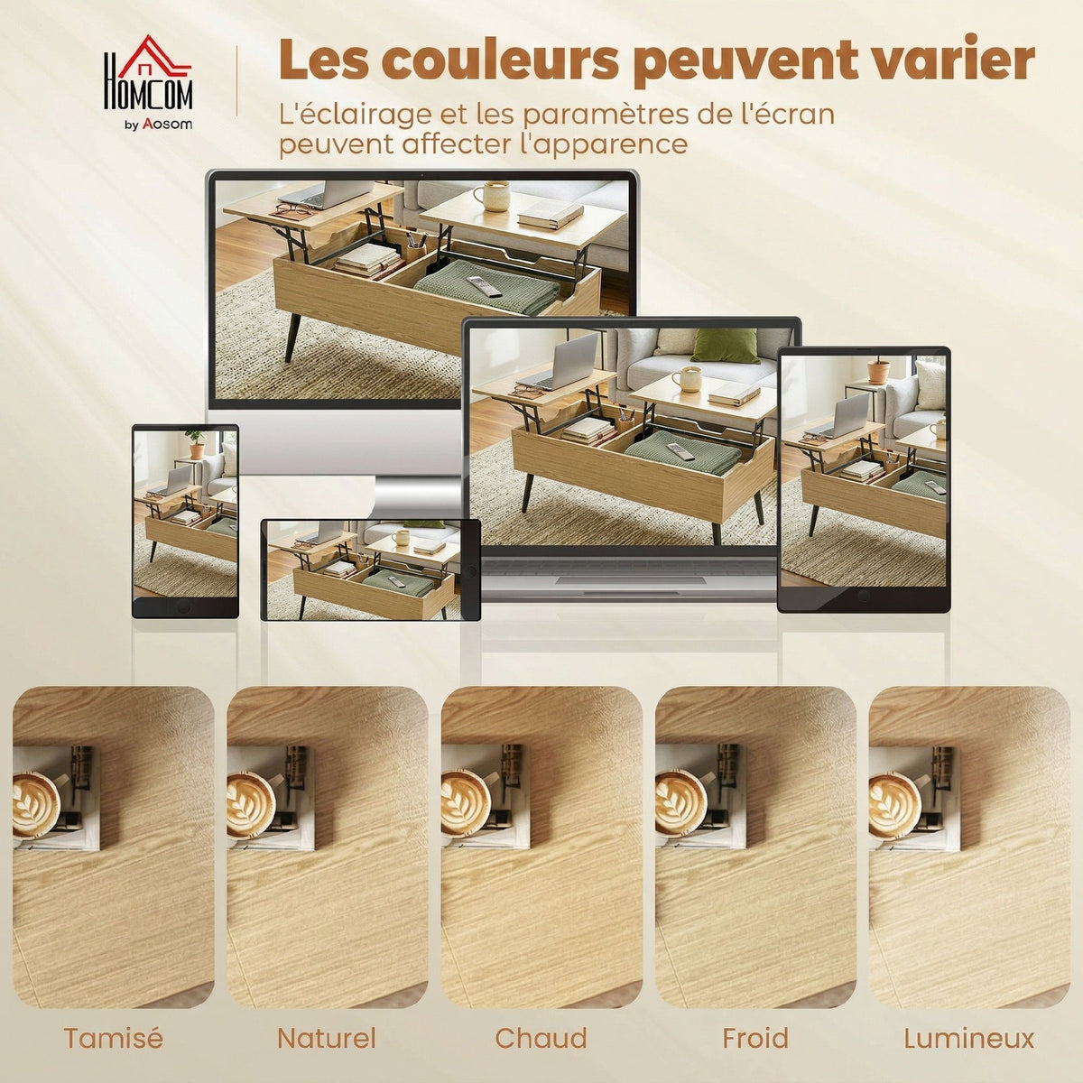 Table basse relevable avec double plateau,compartiment caché et pieds en métal, bois naturel
