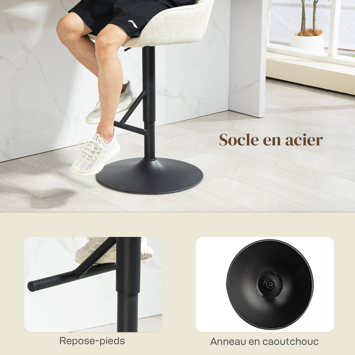 Lot de 2 tabourets de bar, tissu effet lin et base en acier 52,5 x 53 x 86,5-108 cm crème