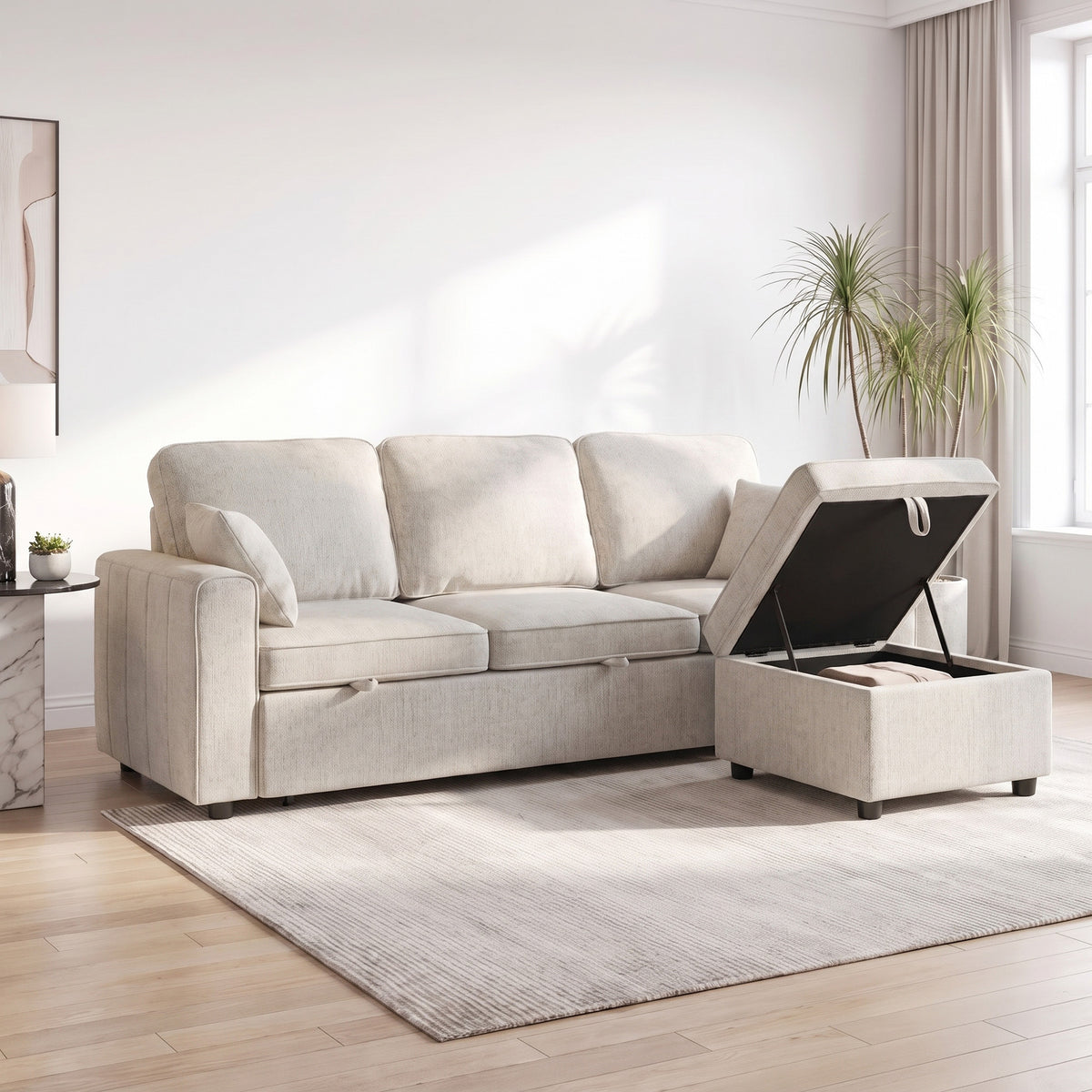 Canapé d'Angle Convertible, Canapé-Lit 3 Places Modulaire 225 cm avec Pouf de Rangement, Beige