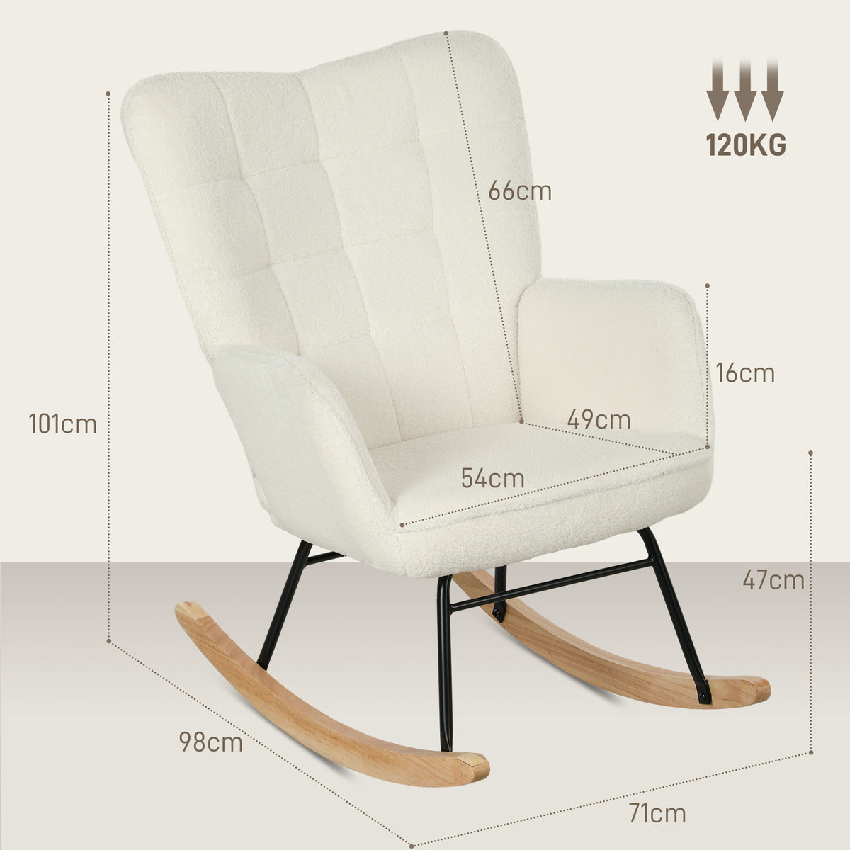 Fauteuil à bascule, effet laine, structure en acier 71 x 98 x 101 cm blanc