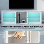 Meuble TV avec éclairage LED jusqu'à 70 pouces, 160cm avec étagères en verre réglables, blanc