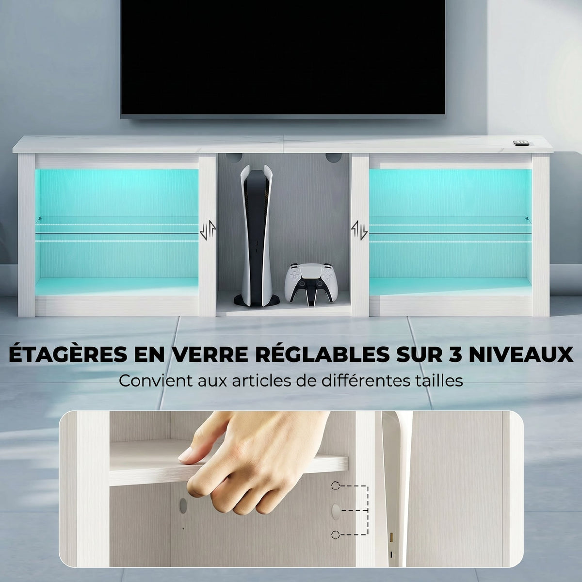Meuble TV avec éclairage LED jusqu'à 70 pouces, 160cm avec étagères en verre réglables, blanc