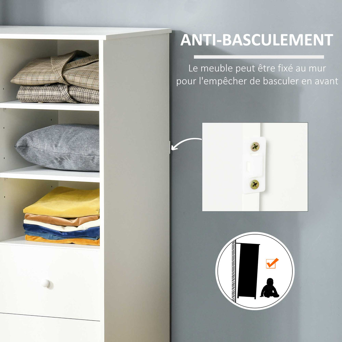 Armoire avec Porte et 5 étagères, 3 niches, 2 tiroirs, blanc