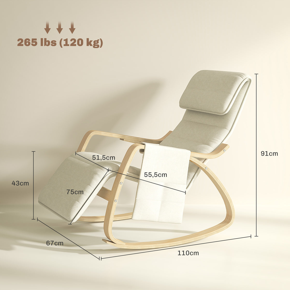 Fauteuil à bascule avec repose-pieds réglable, poche latérale, blanc crème
