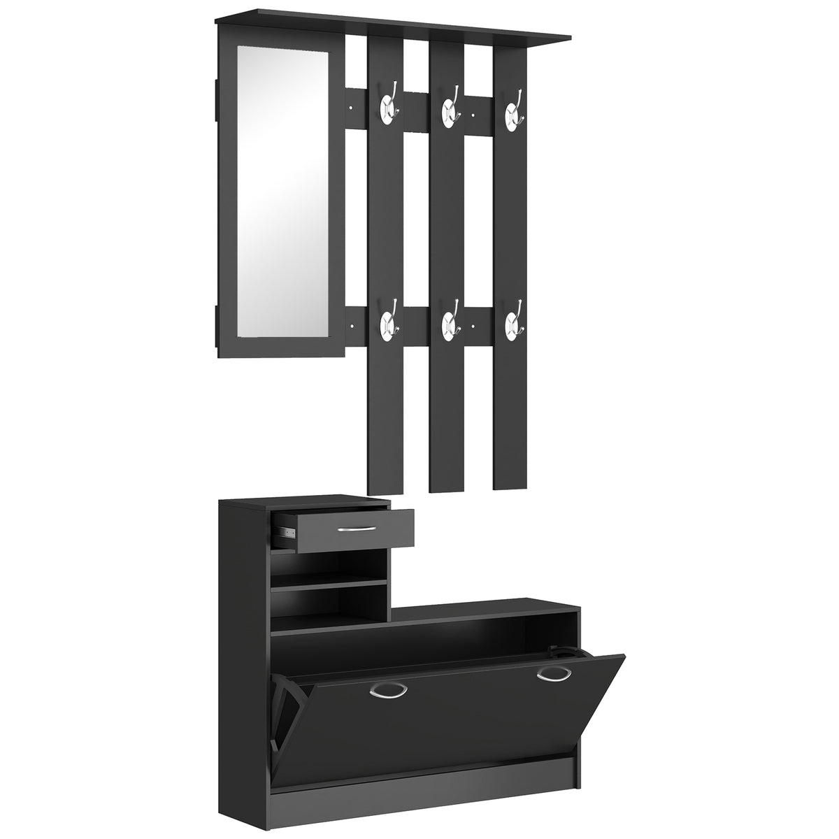 Meuble d'entrée 3 en 1, porte-manteau, miroir et banc à chaussures noir