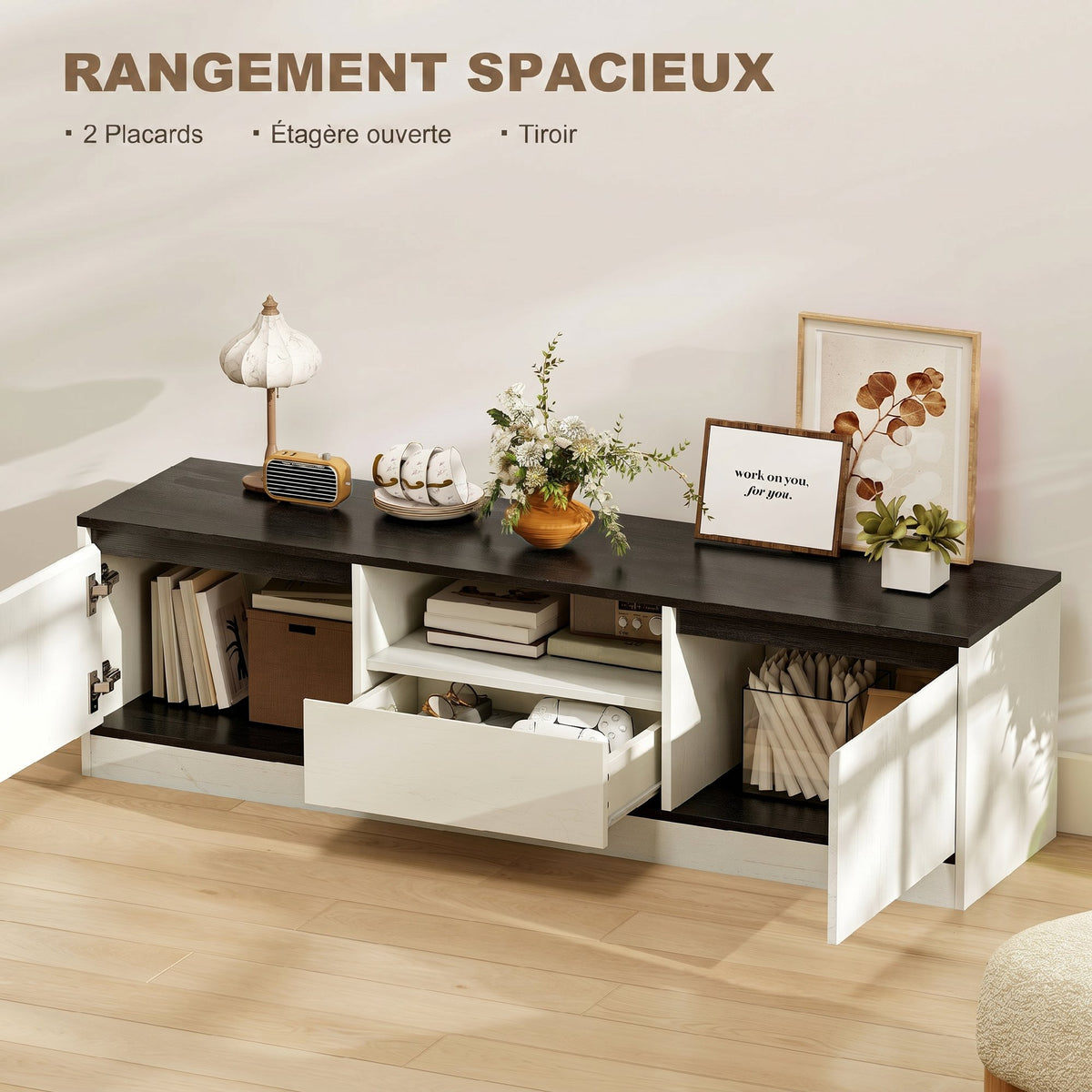 Meuble TV jusqu'à 60 pouces avec 2 Armoires, 1 Étagère Ouverte, 1 Tiroir, 140x35x40cm, Noir et Blanc