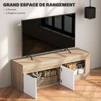 Meuble TV 2 portes jusqu'à 60 pouces, placard et étagère ouverte, effet bois naturel
