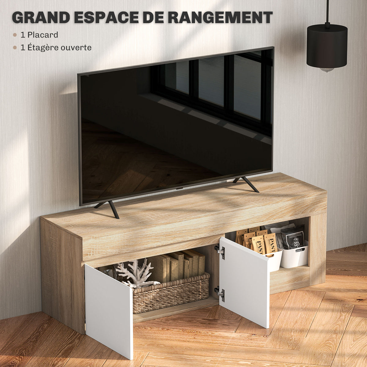 Meuble TV 2 portes jusqu'à 60 pouces, placard et étagère ouverte, effet bois naturel