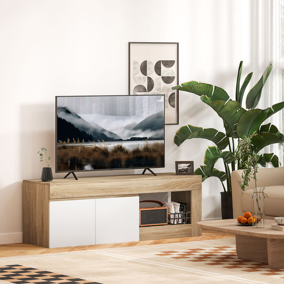 Meuble TV 2 portes jusqu'à 60 pouces, placard et étagère ouverte, effet bois naturel