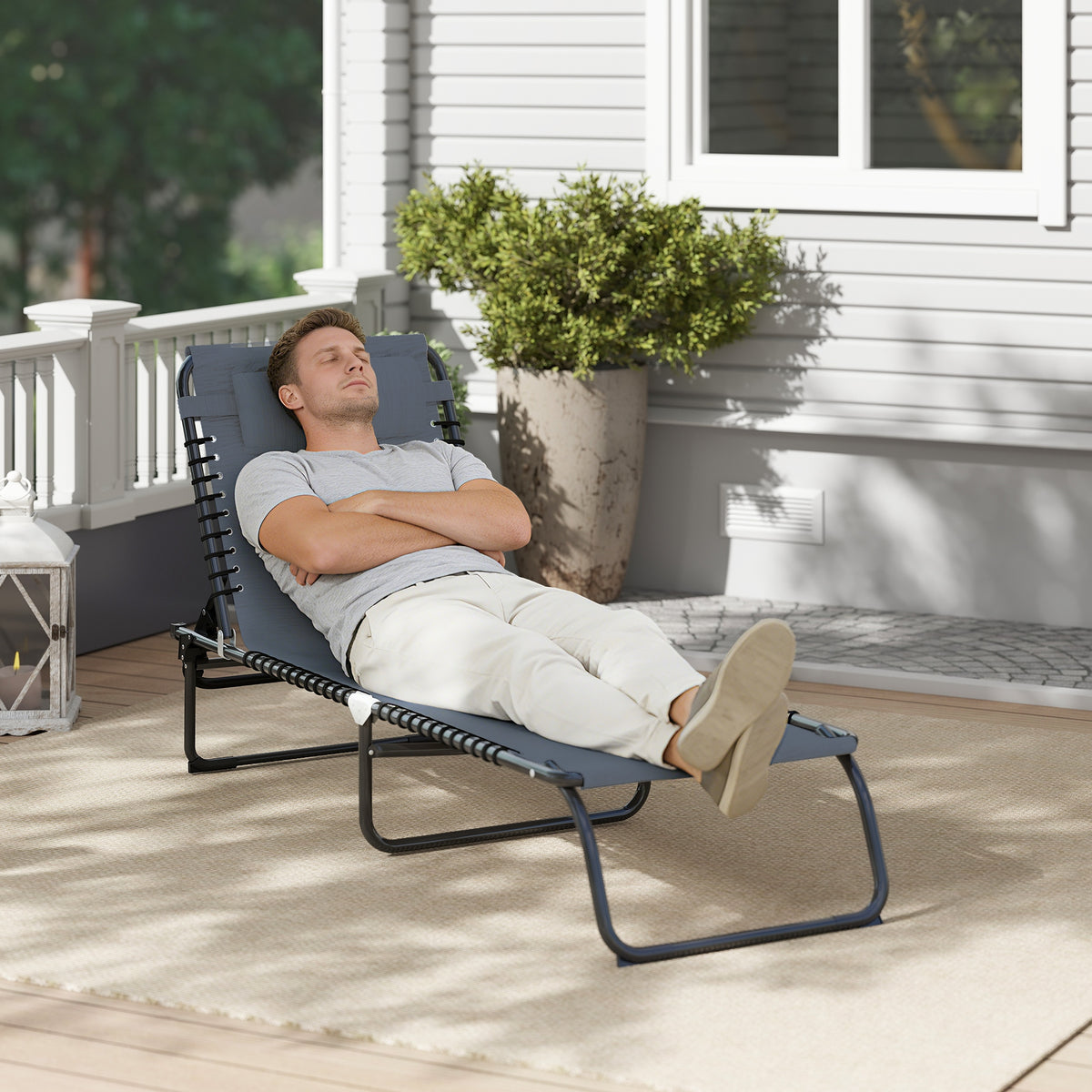 Transat Pliable, Dossier inclinable Multi-Positions, Acier thermoplastique + Lacets élastiques Noir