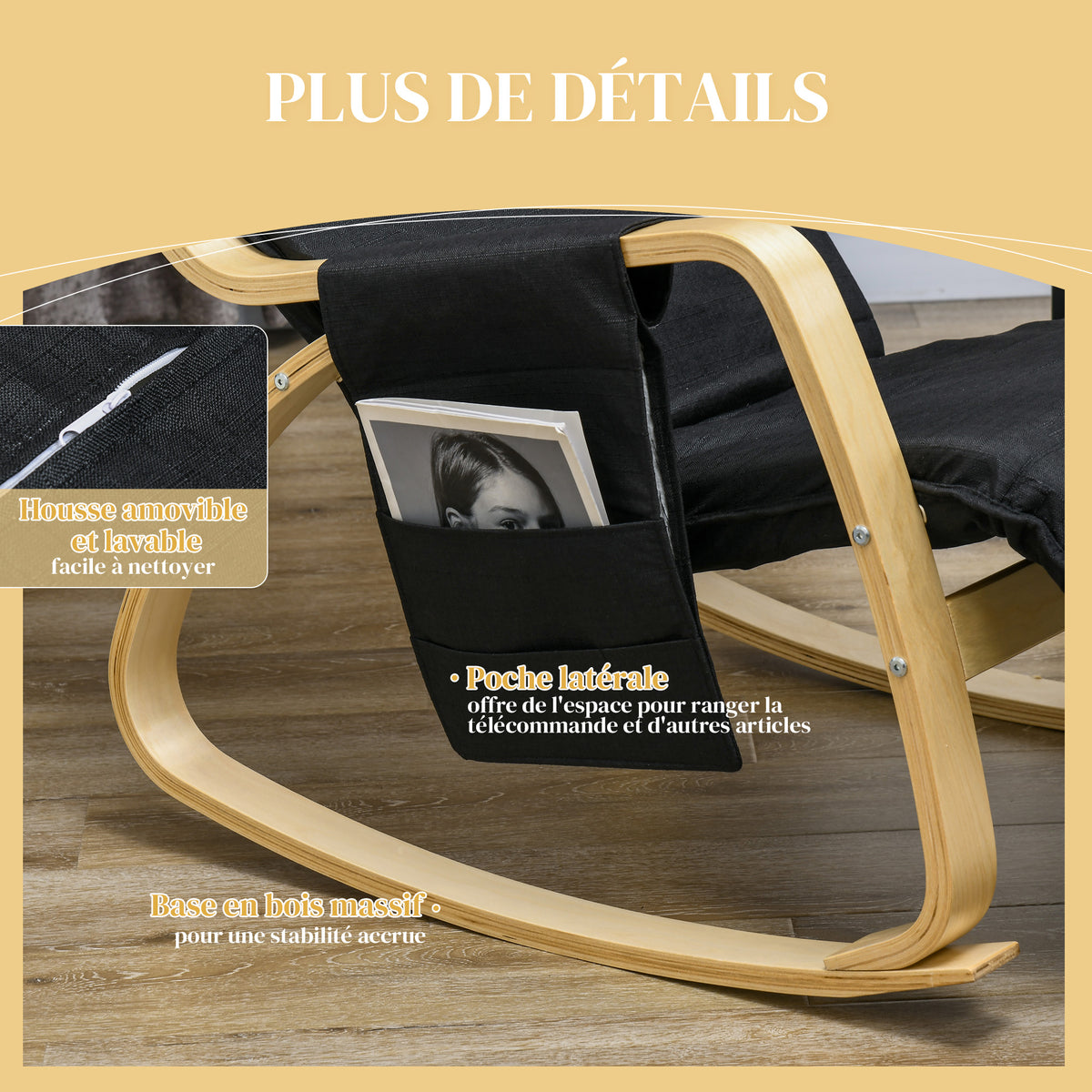 Fauteuil à bascule avec repose-pieds réglable, poche latérale, noir