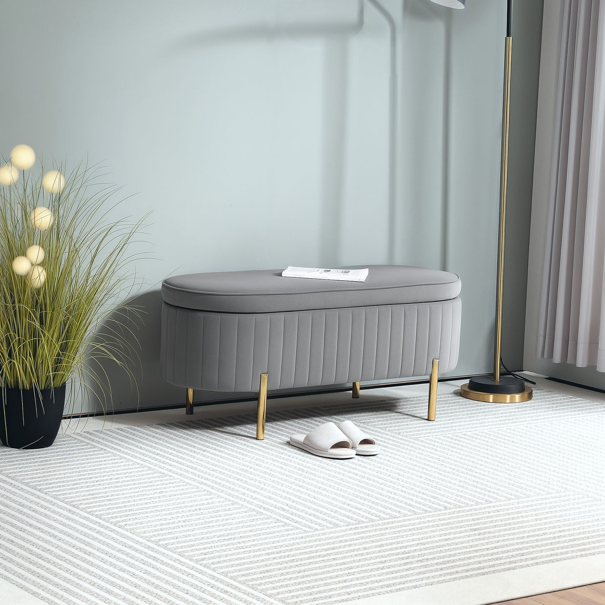 Banc de rangement, bout de lit en velours, pieds en métal, 72 L, 108x44x43,5cm, gris