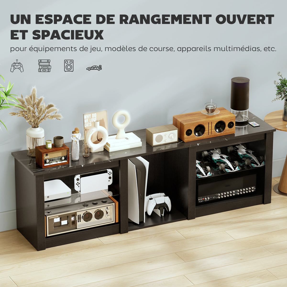 Meuble TV avec éclairage LED jusqu'à 70 pouces, 160cm avec étagères en verre réglables, noir